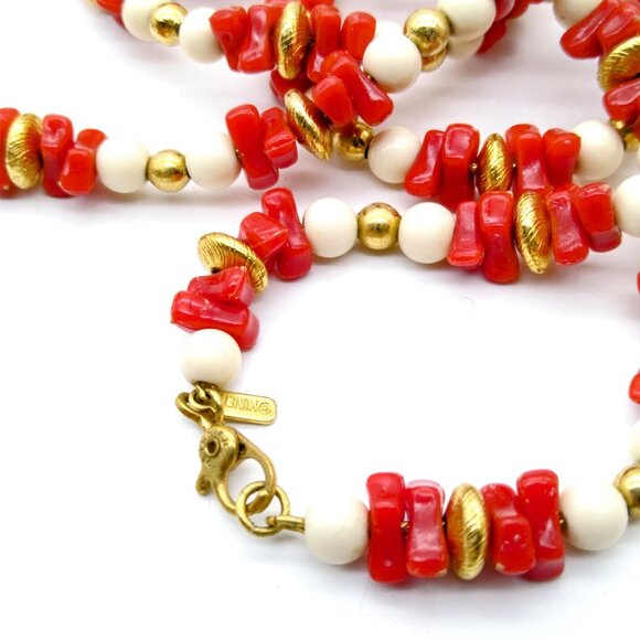 Vintage Monet Faux Coral Necklace with Elegant White and Gold Tone Beads, Long C - Picture 2 of 3